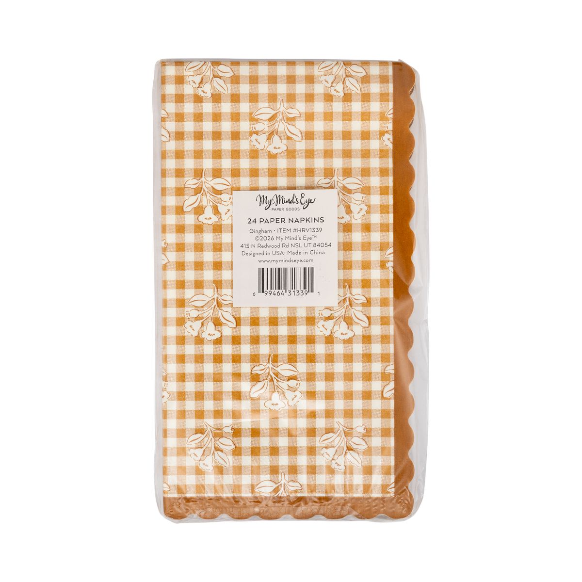 Back of the harvest gingham napkin packaging with product label and barcode.