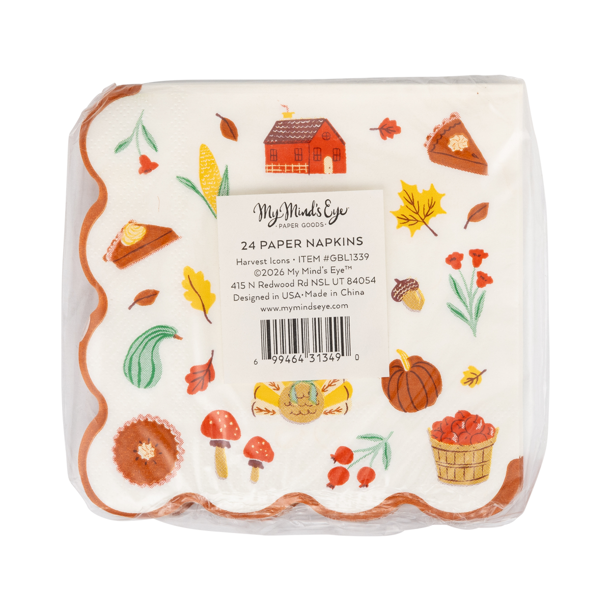 Pack of paper napkins with autumn-themed illustrations on a clear package with My Mind's Eye Label.