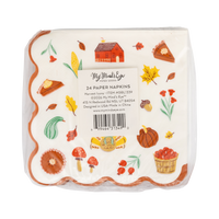 Pack of paper napkins with autumn-themed illustrations on a clear package with My Mind's Eye Label.
