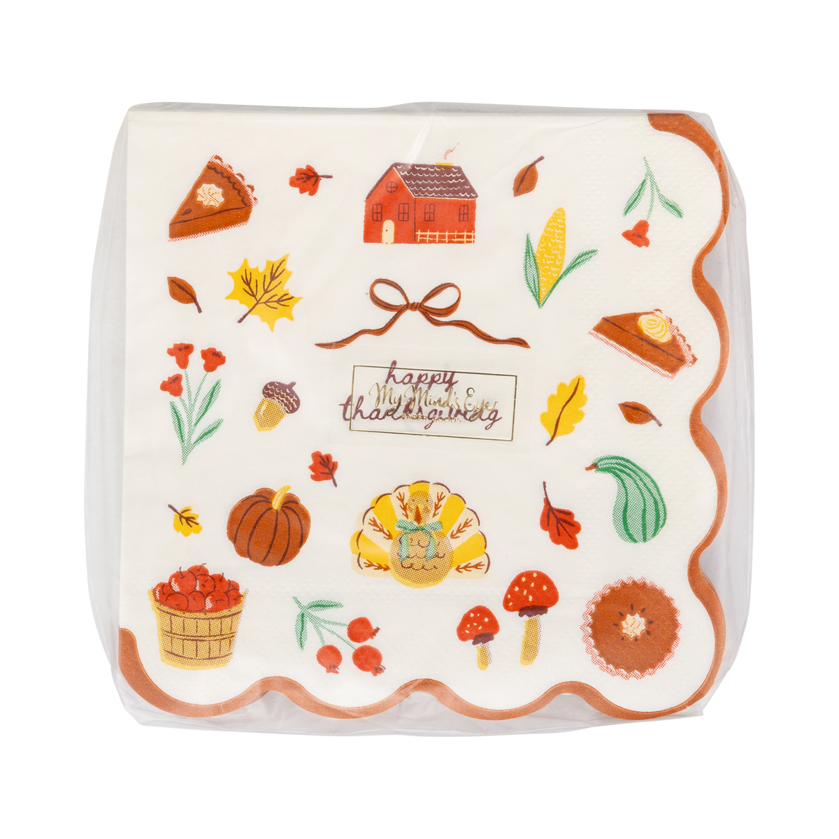 Stack of 24 harvest icon cocktail napkins fanned with Thanksgiving-themed illustrations on a clear packaging.
