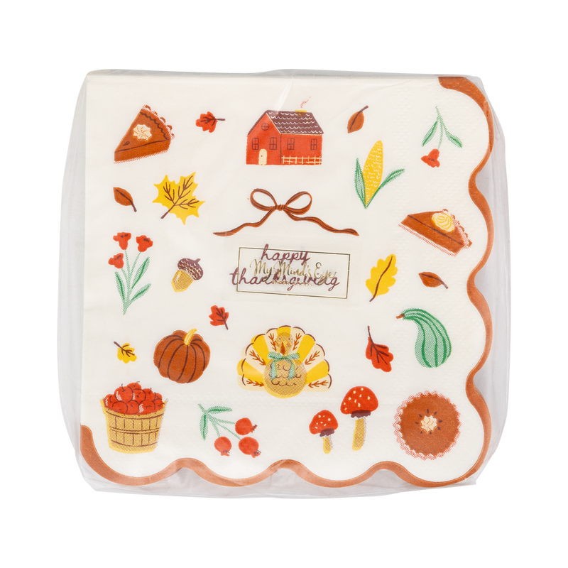 Stack of 24 harvest icon cocktail napkins fanned with Thanksgiving-themed illustrations on a clear packaging.