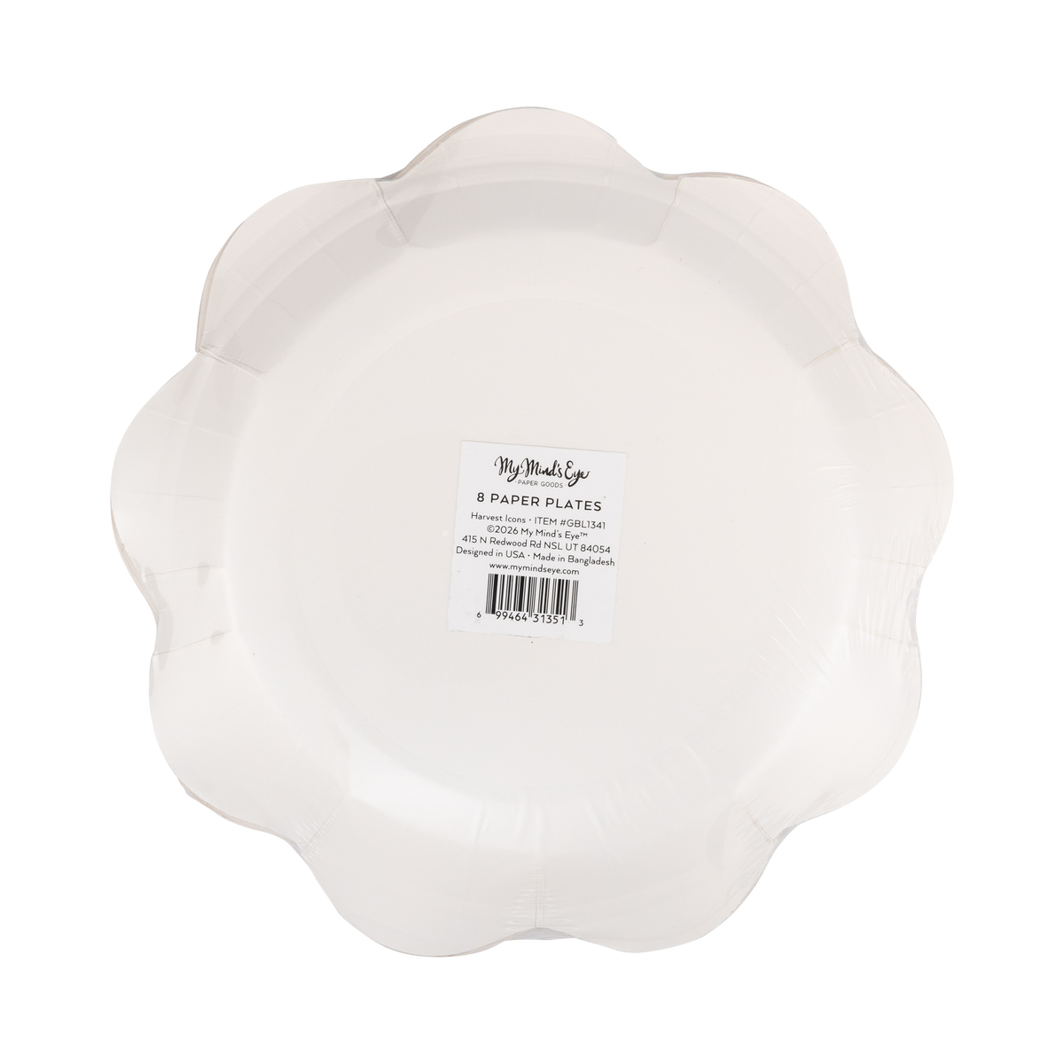 Back of the decorative paper plate with 'My Mind's Eye' branding on a clear plastic.