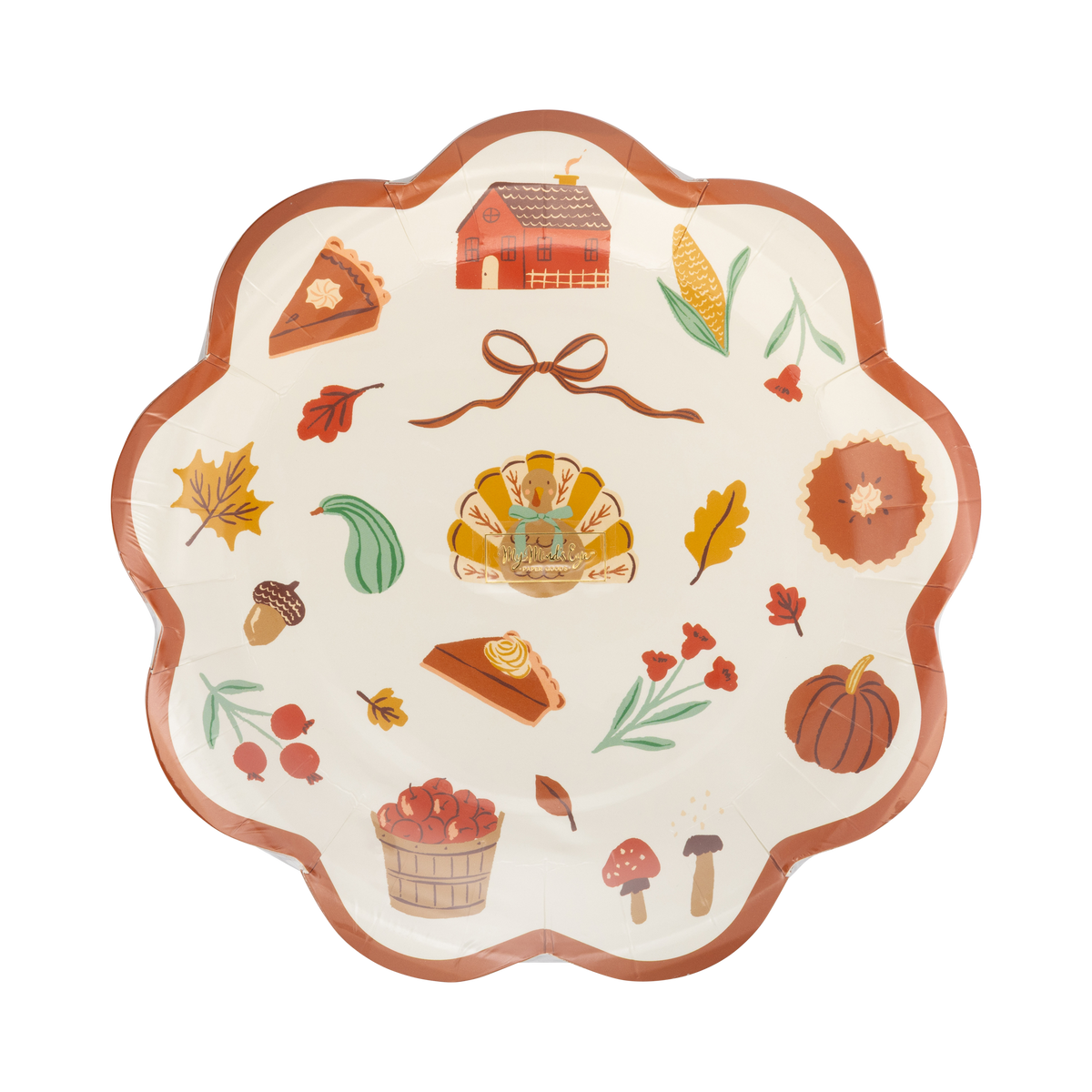 Stack of 8 harvest icon paper plates with autumn-themed illustrations on a clear packaging.