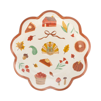Stack of 8 harvest icon paper plates with autumn-themed illustrations on a clear packaging.