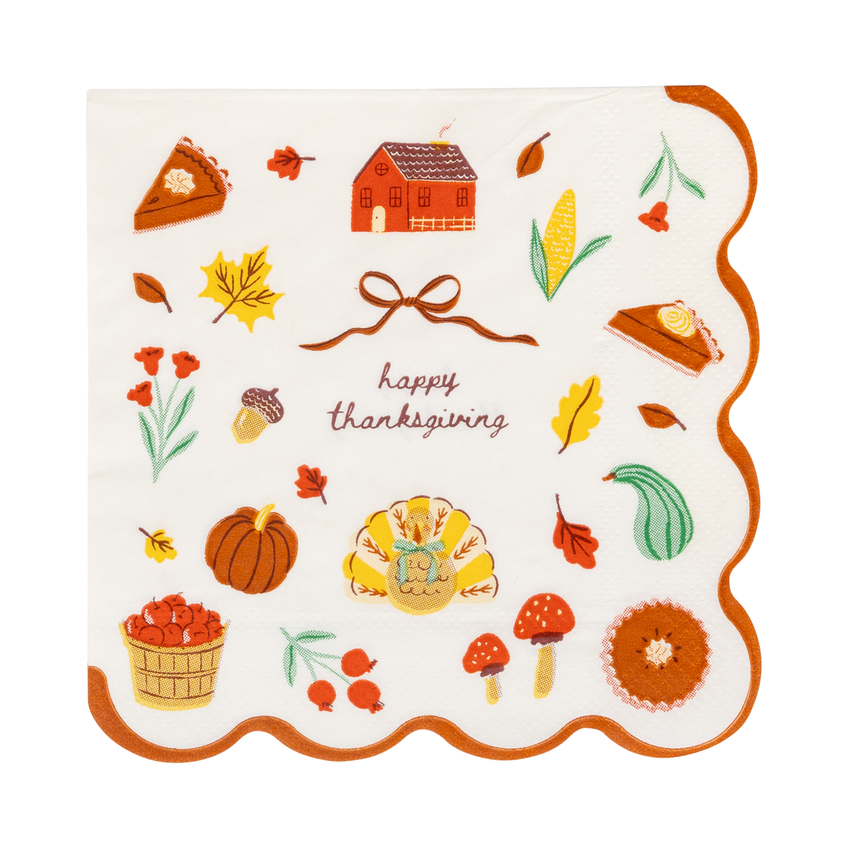 Harvest icons cocktail napkin with Happy Thanksgiving letters, cheerful fall art and a wavy orange edge, front view.