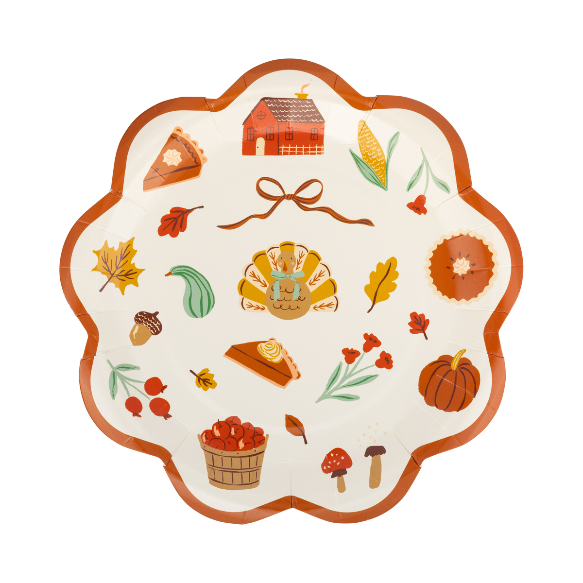 Decorative plate with cheerful fall harvest and autumn-themed illustrations and a wavy orange edge, front view.