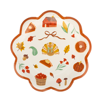 Decorative plate with cheerful fall harvest and autumn-themed illustrations and a wavy orange edge, front view.