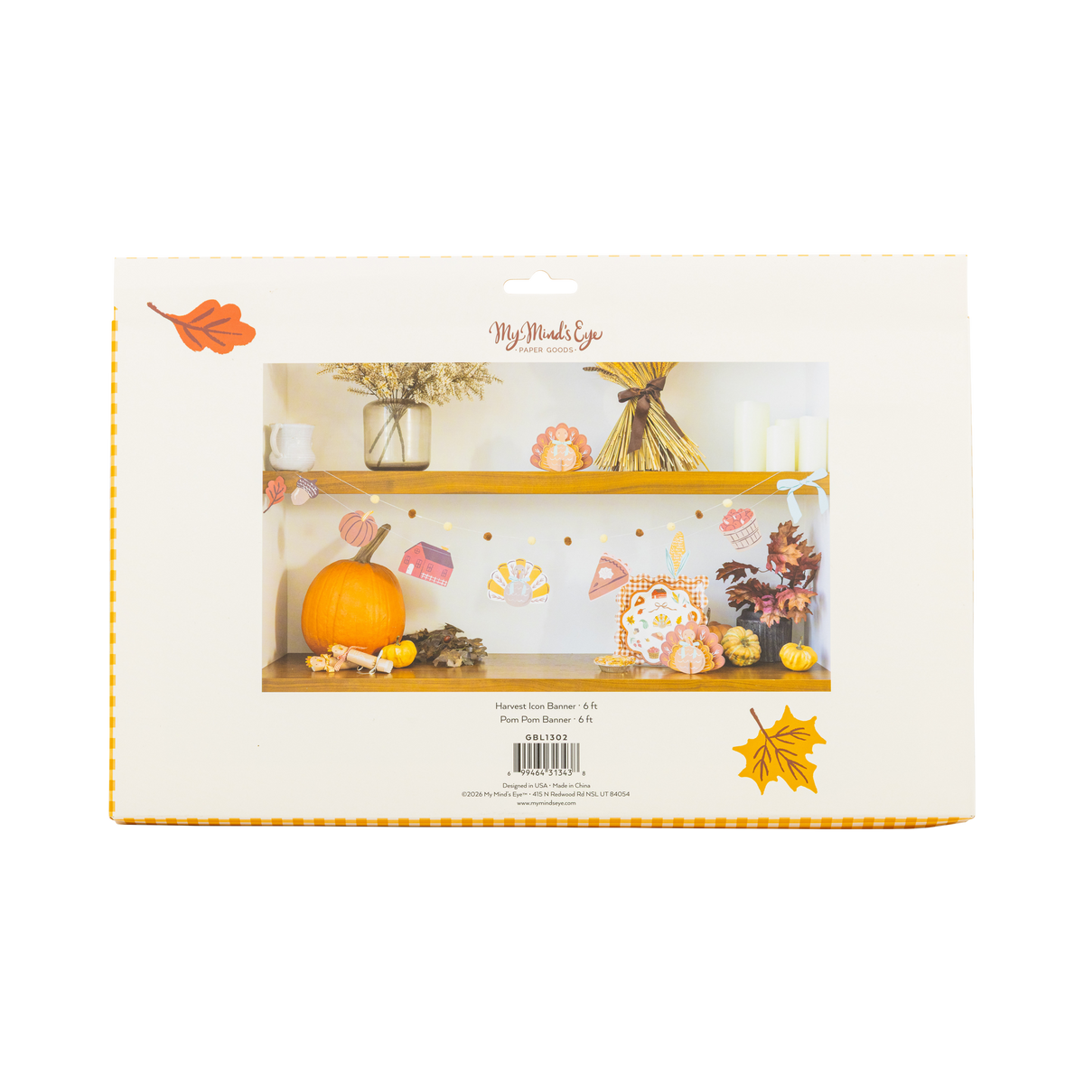 Packaging for decorative paper icons and a pom pom with a fall-themed design on a white background.