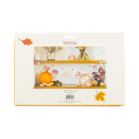 Packaging for decorative paper icons and a pom pom with a fall-themed design on a white background.