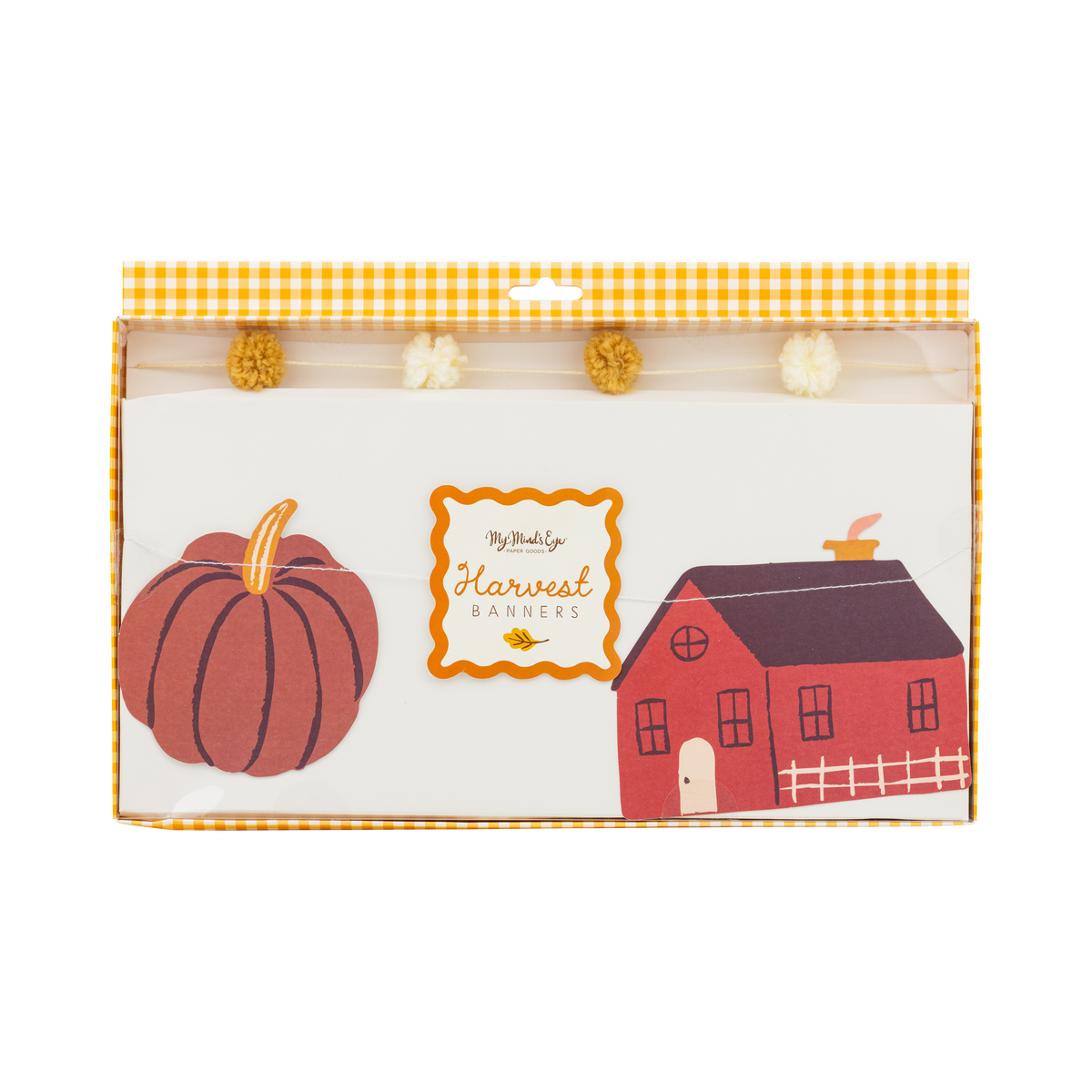 Packaged paper harvest icon with pumpkin and barn design and a fluffy pom pom on the cream thread.