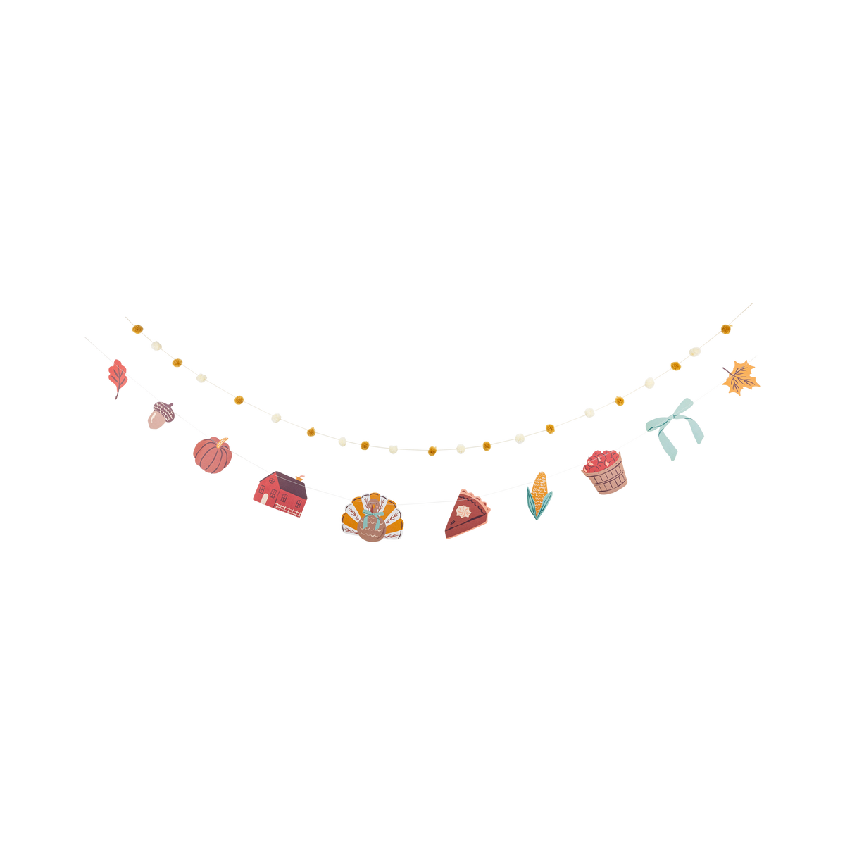 Harvest banner with colorful illustrated paper icons and pom poms on cream thread, laid flat.
