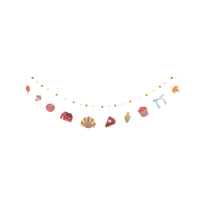Harvest banner with colorful illustrated paper icons and pom poms on cream thread, laid flat.