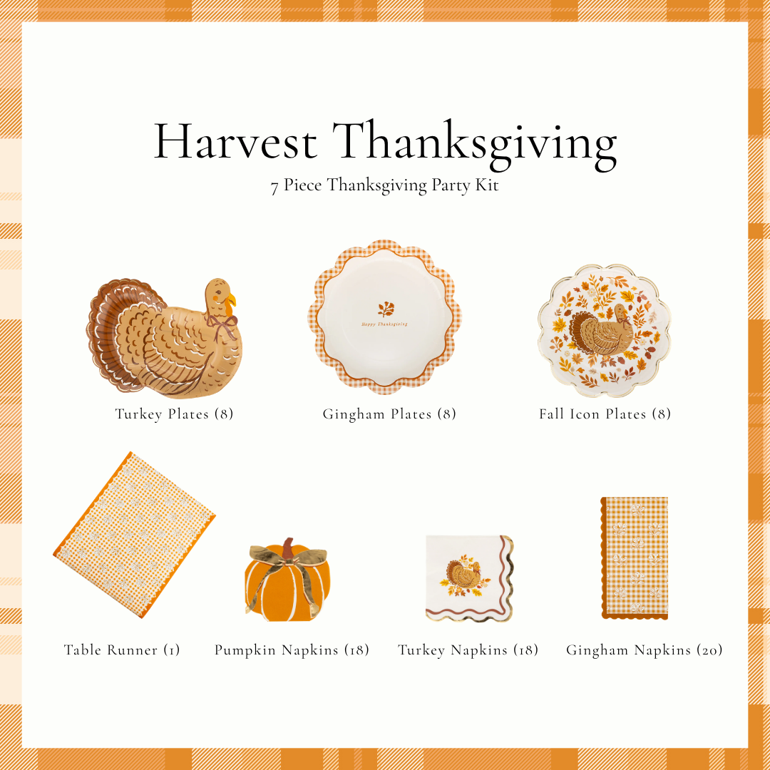 Harvest Thanksgiving party kit flat lay showing turkey shaped paper plates, rust gingham scalloped plates, turkey foliage plates, a gingham paper table runner, pumpkin napkins, turkey cocktail napkins and gingham dinner napkins on an orange plaid border