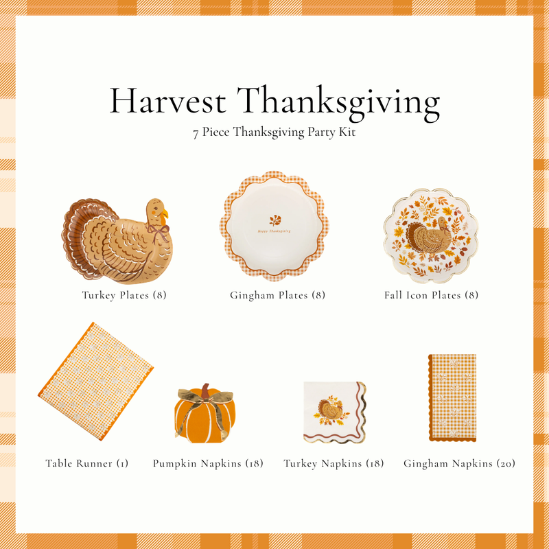 Harvest Thanksgiving party kit flat lay showing turkey shaped paper plates, rust gingham scalloped plates, turkey foliage plates, a gingham paper table runner, pumpkin napkins, turkey cocktail napkins and gingham dinner napkins on an orange plaid border