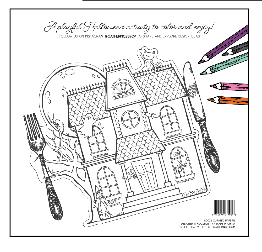 Back packaging of the Haunted House coloring placemats displaying a styled image with silverware and colored pencils.