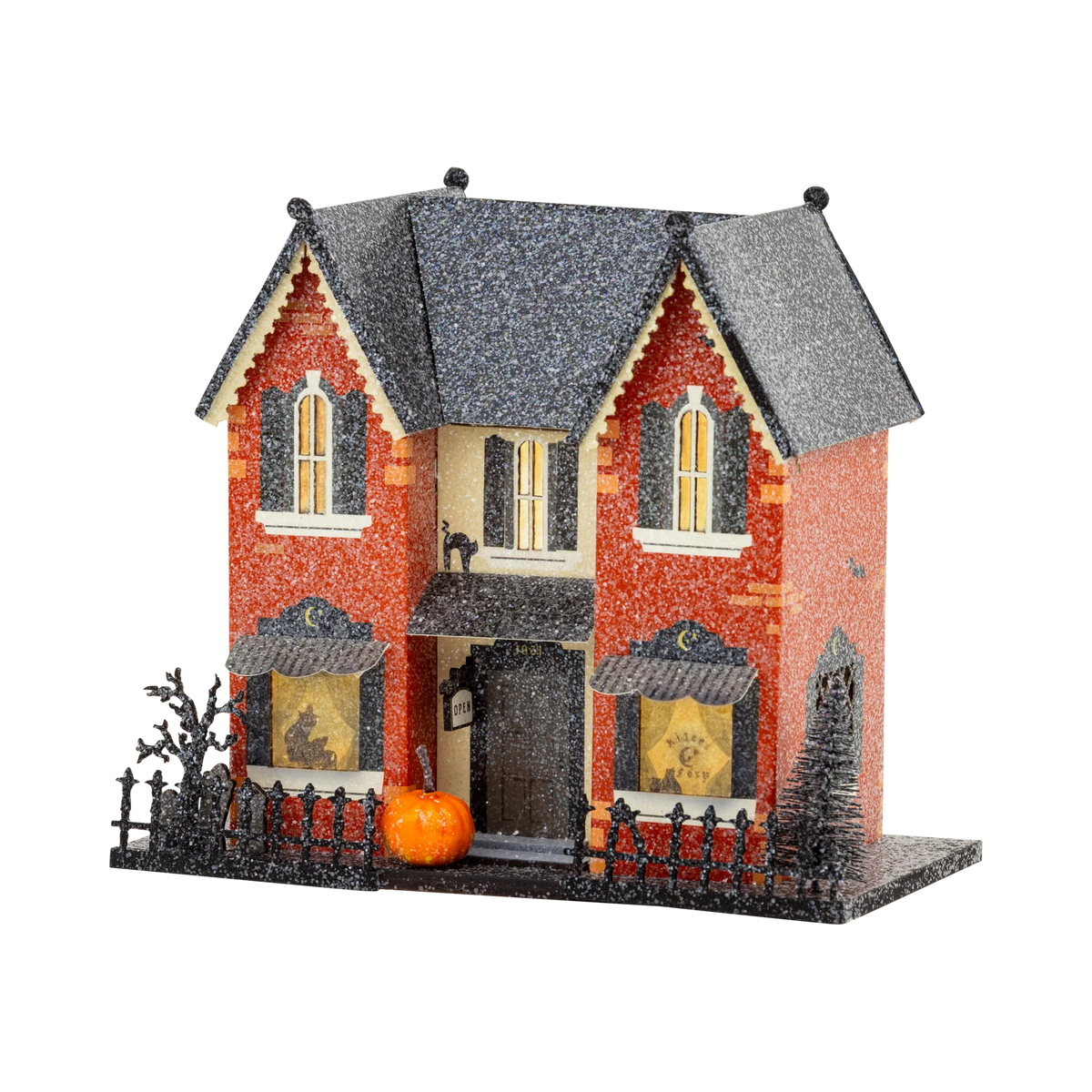 Madame Mystic light up haunted house Halloween village in red brick glitter with gravestones, black cat window and iron fence