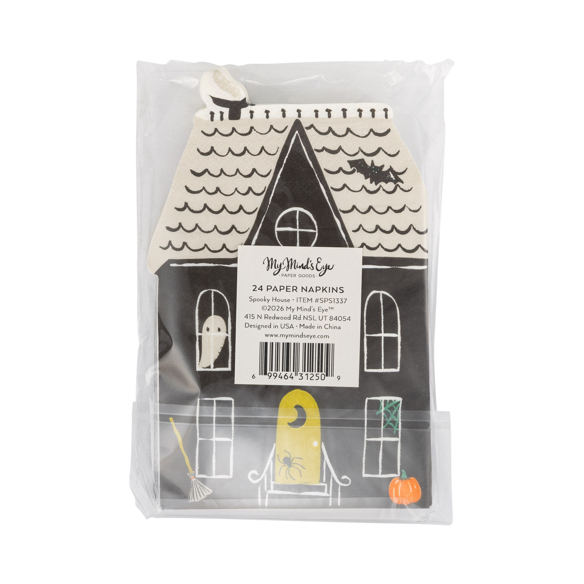 Back of the retail package: a clear bag with a product label reading "24 Paper Napkins • Spooky House • SPS1337"; the die-cut haunted house napkin shows a cream wave-shingled roof with chimney, black facade, ghost window, yellow lit door with a spider, broom, and pumpkin. Straight-on packaging shot.