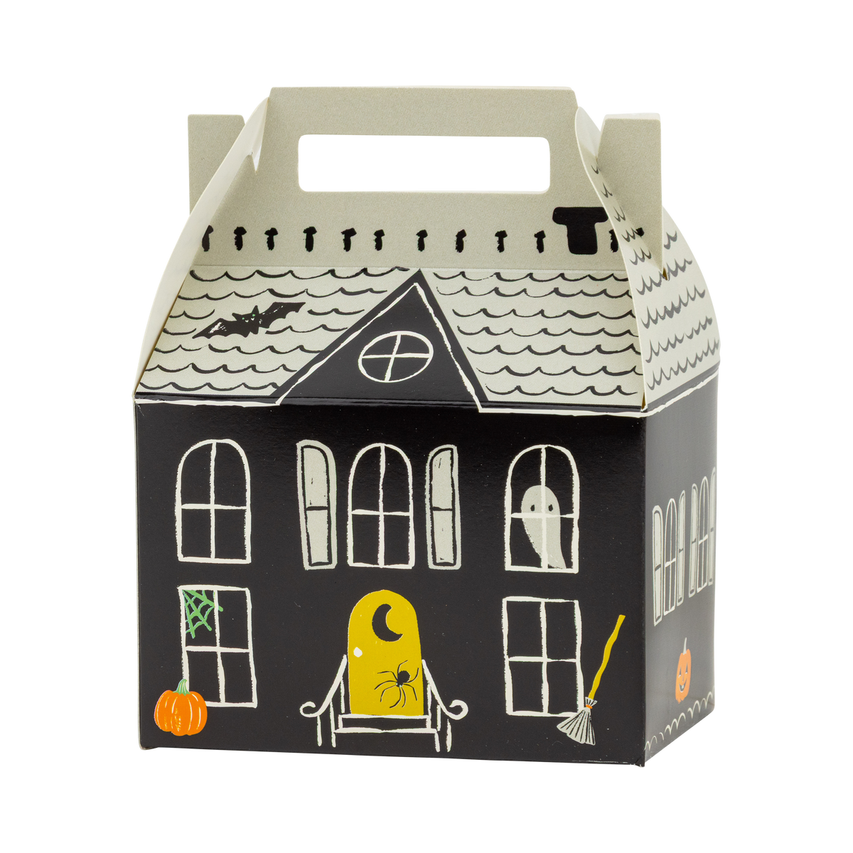 Single assembled haunted house box on a white background, three-quarter angle showing the front facade with arched windows, ghost, yellow door, pumpkin, broom, and green spiderweb, plus the side wall, cream shingled roof, and cut-out carry handle. Clean hero product shot.