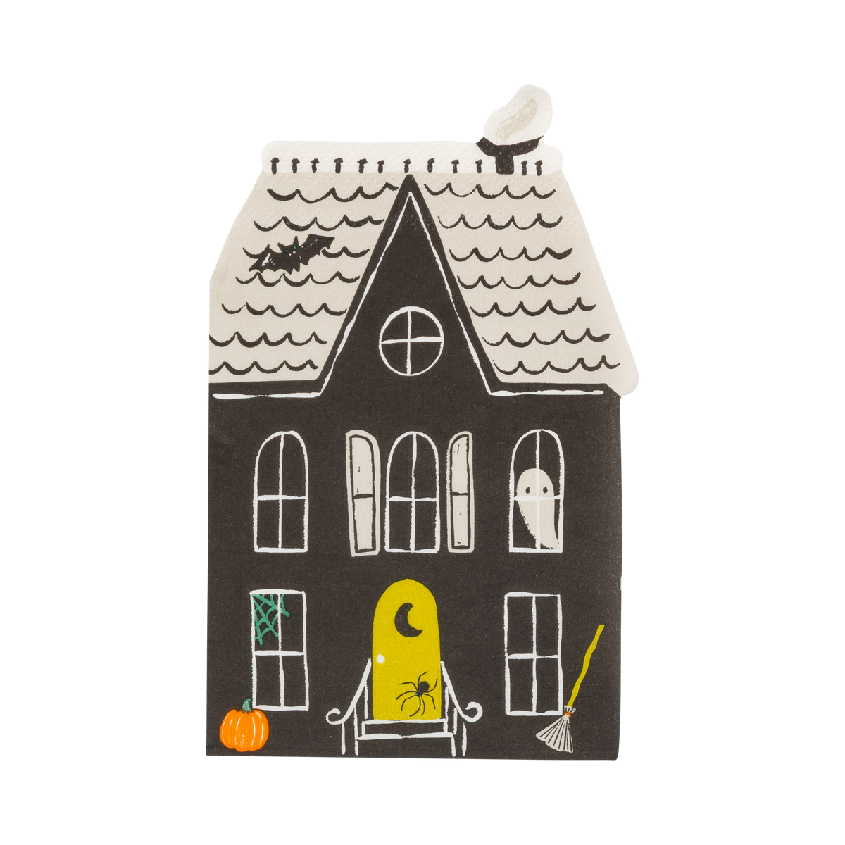 A single haunted house–shaped napkin on a white background: tall die-cut black house with a cream wave-shingled roof and chimney, arched lit windows, a ghost in an upper window, a bat, green spiderweb, broom, orange pumpkin, and a yellow front door with a crescent moon and spider. Clean overhead product shot.