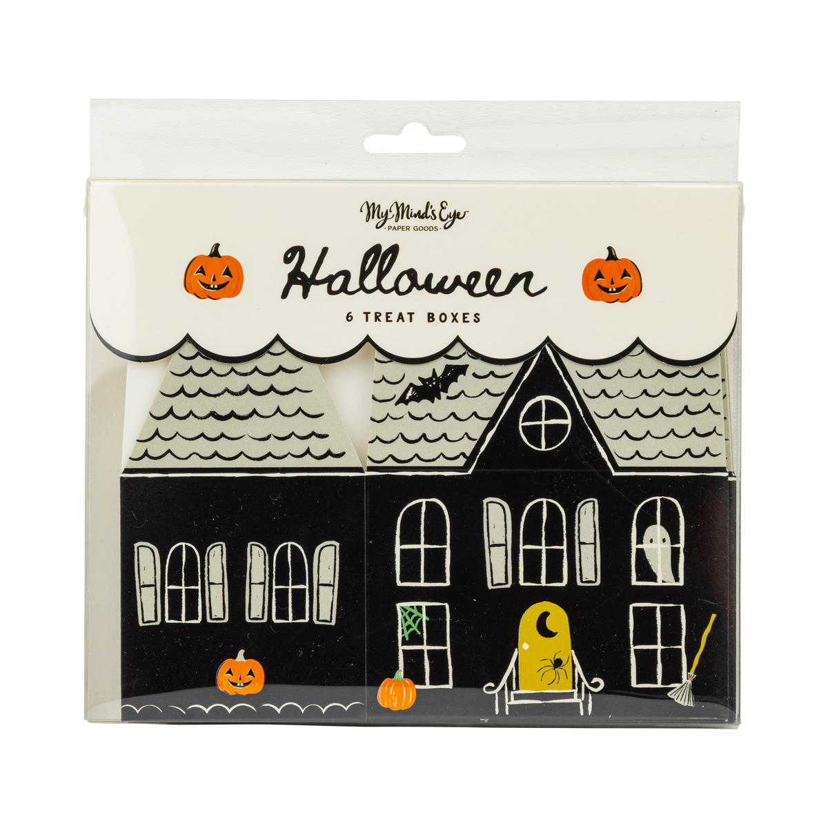 Front of the retail package: scalloped cream header reading "Halloween • 6 Treat Boxes" flanked by two jack-o-lantern icons, with the flat-folded boxes showing the house facade beneath. Straight-on packaging shot.