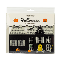 Front of the retail package: scalloped cream header reading "Halloween • 6 Treat Boxes" flanked by two jack-o-lantern icons, with the flat-folded boxes showing the house facade beneath. Straight-on packaging shot.