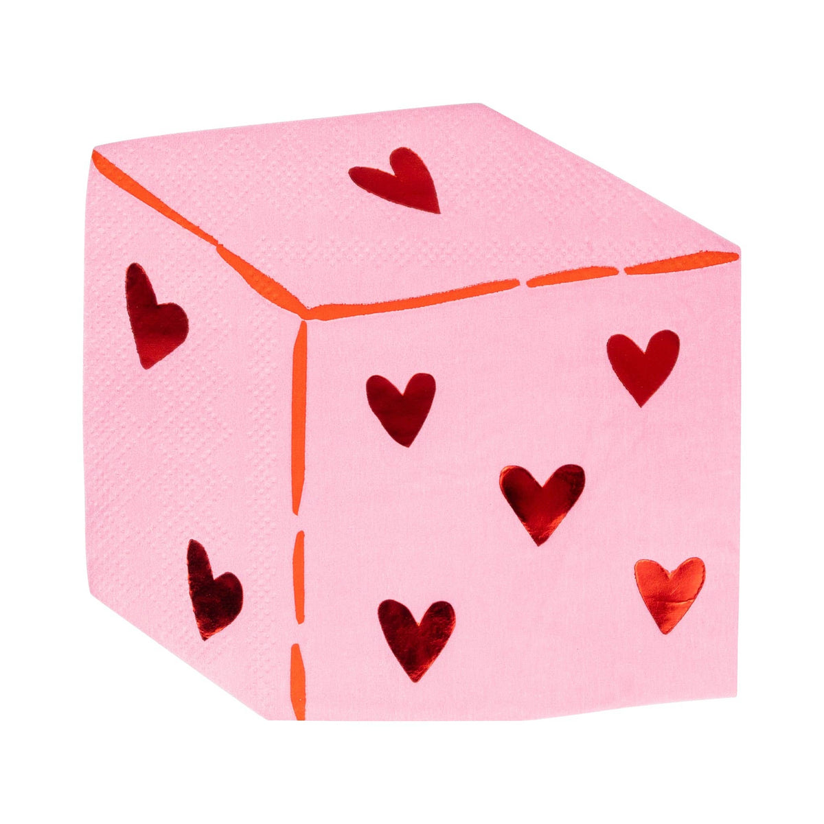 Pink dice-shaped napkin with red foil heart pips.