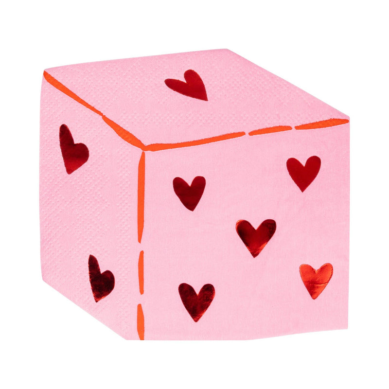 Pink dice-shaped napkin with red foil heart pips.