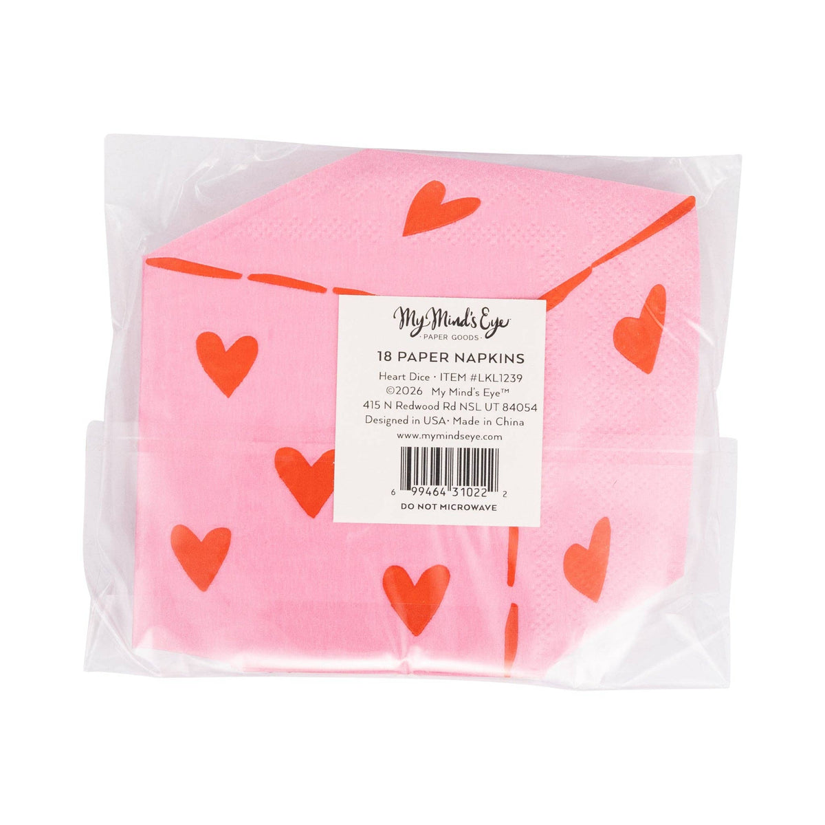 Back view of heart dice napkin package with product label.