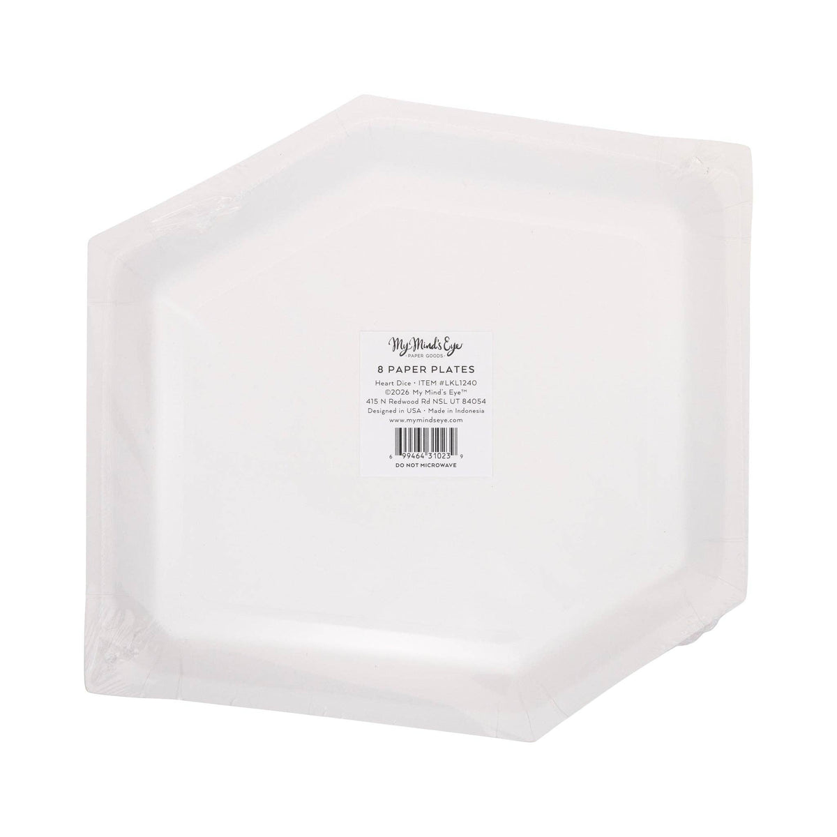 Back view of heart dice plate set with product label.