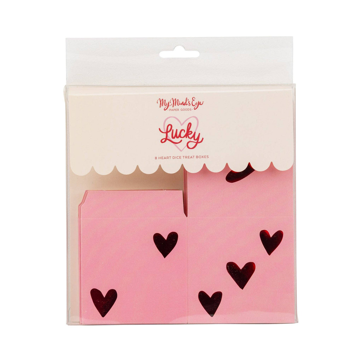 Front view of My Mind’s Eye Lucky heart dice treat box packaging
