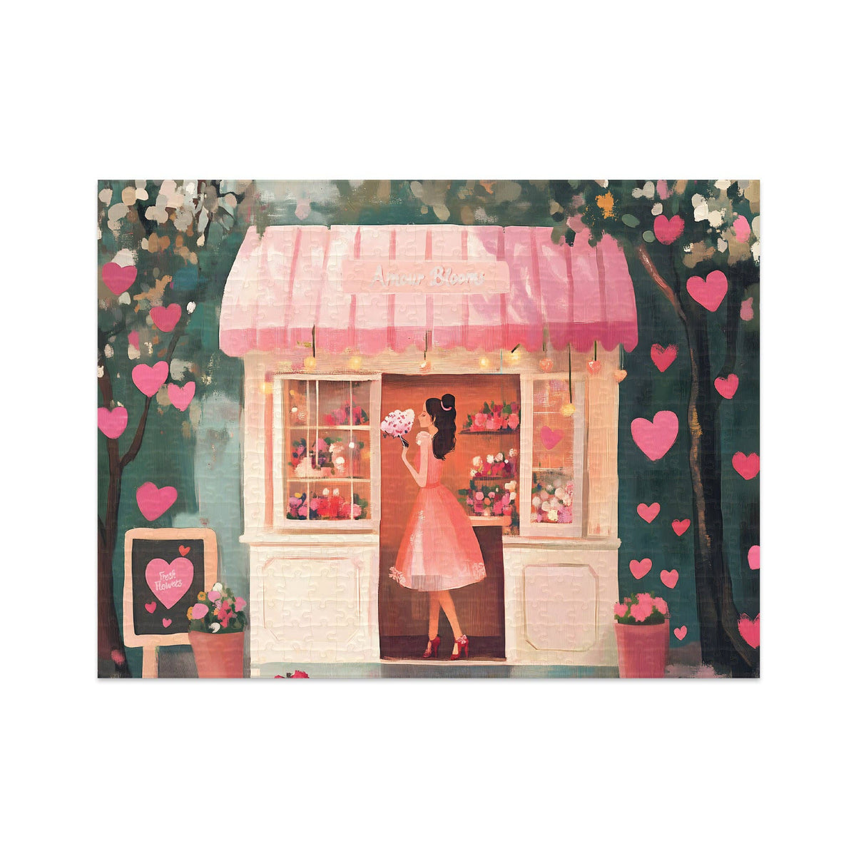 Completed Hearts in Bloom puzzle showing floral storefront scene