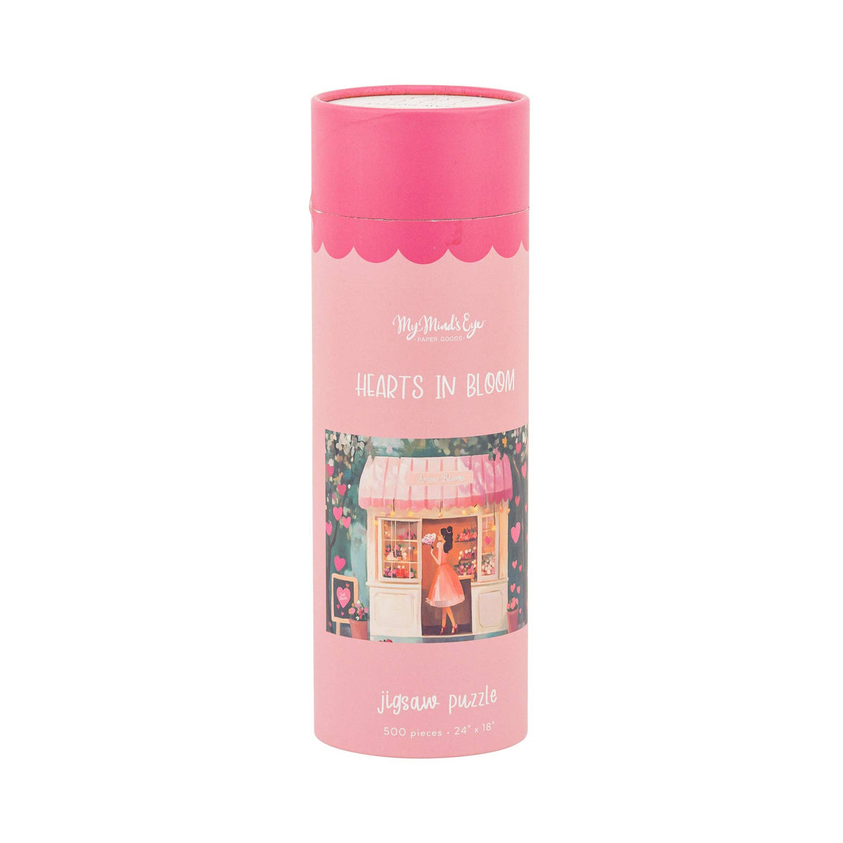 Hearts in Bloom puzzle tube standing upright on white background