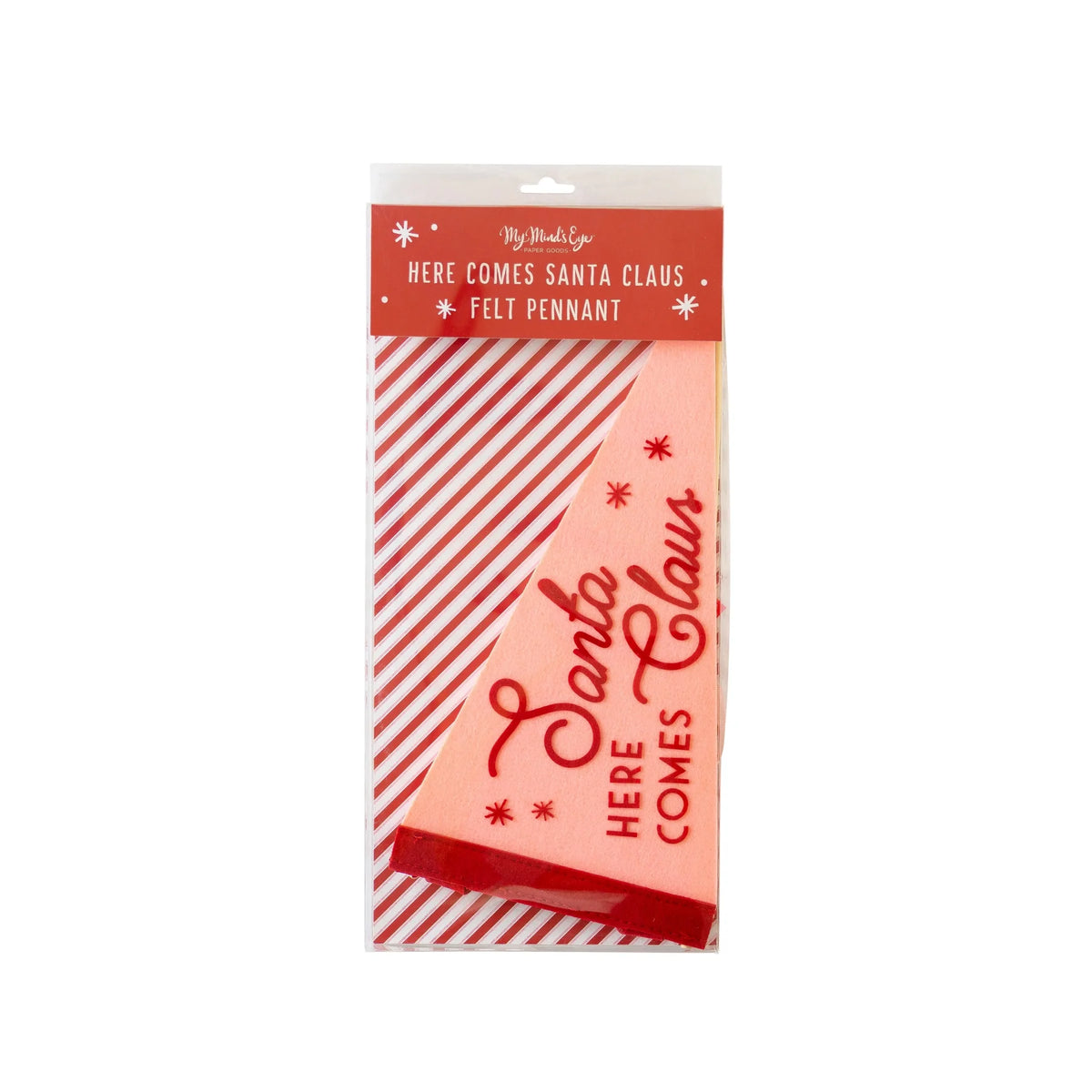 Retail package showing striped backing with Here Comes Santa Claus felt pennant inside.