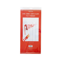 Retail packaging of Here Comes Santa Claus felt pennant, holiday party prop and décor.