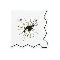 A single white die-cut grad cap napkin with a black border and a shimmering gold foil starburst.
