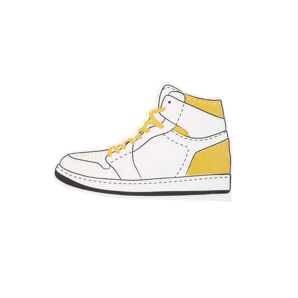 Shaped hightop sneaker paper napkin with yellow laces and gold accents.