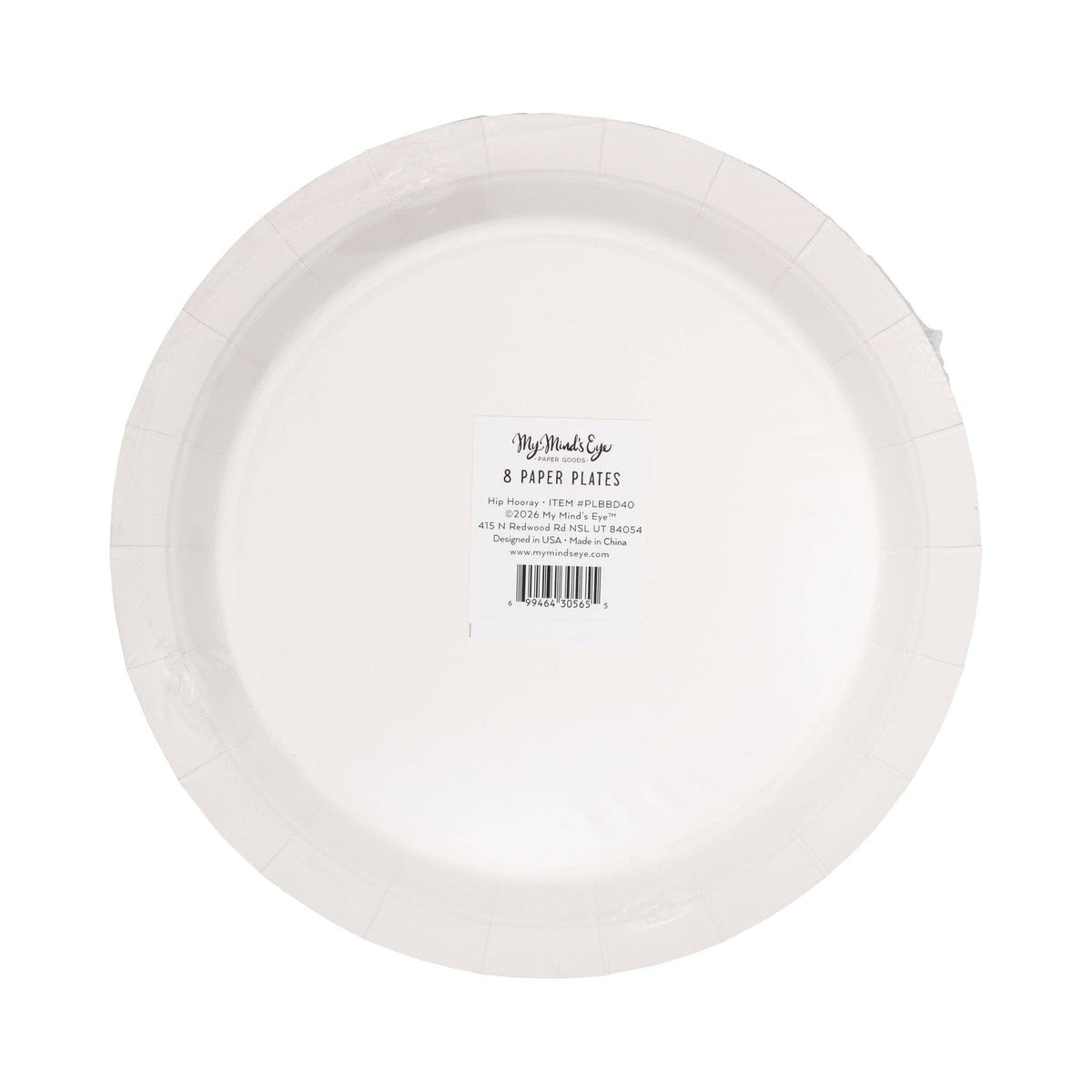 Back of Hip Hip Hooray 9" paper plate showing cream base and product label on white background