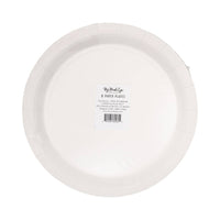 Back of Hip Hip Hooray 9" paper plate showing cream base and product label on white background
