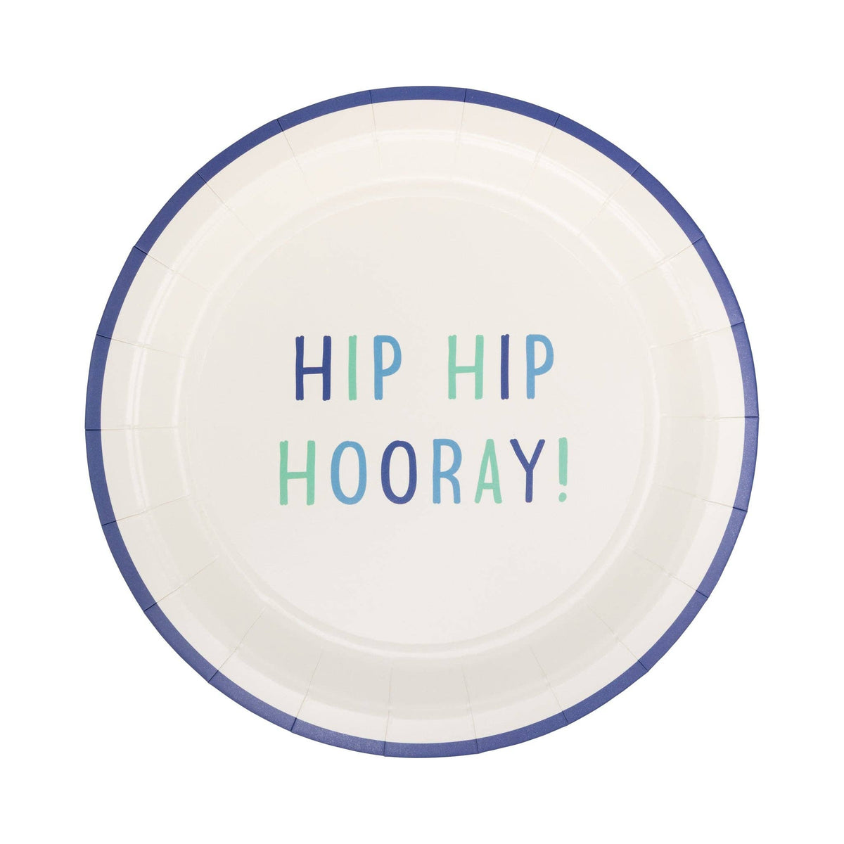 Single Hip Hip Hooray 9" paper plate showing navy, teal, and seafoam lettering on warm cream base with navy border rim