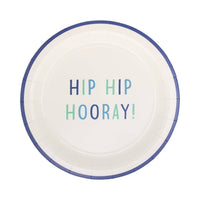 Single Hip Hip Hooray 9" paper plate showing navy, teal, and seafoam lettering on warm cream base with navy border rim