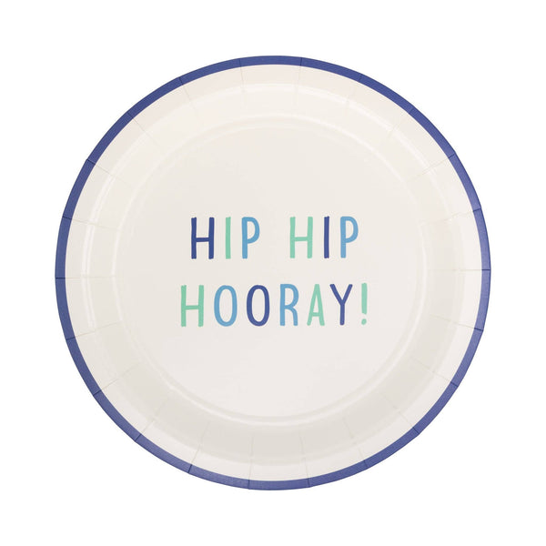 Single Hip Hip Hooray 9" paper plate showing navy, teal, and seafoam lettering on warm cream base with navy border rim