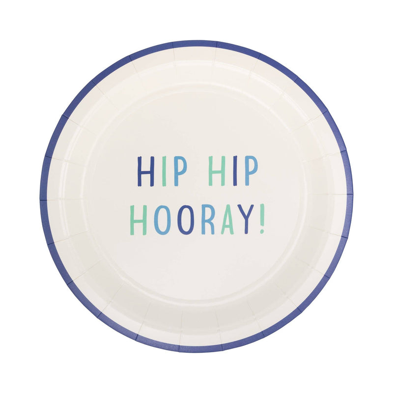 Single Hip Hip Hooray 9" paper plate showing navy, teal, and seafoam lettering on warm cream base with navy border rim