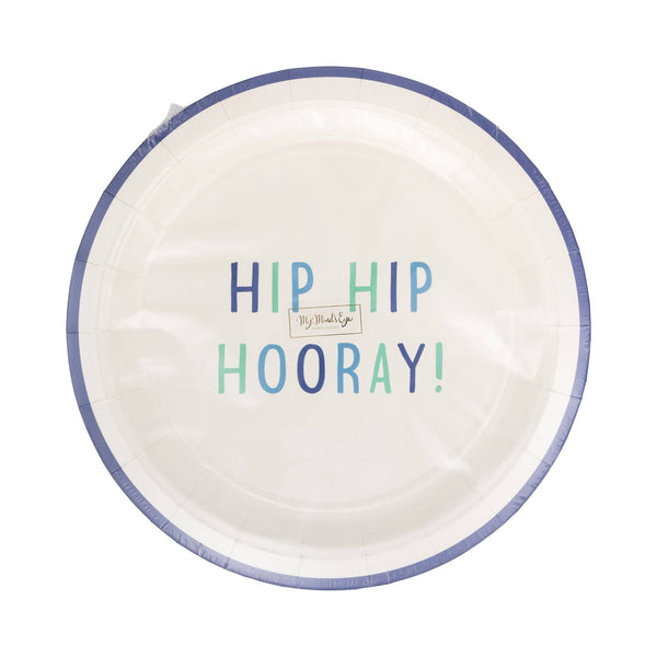 Hip Hip Hooray paper plates in packaging showing multi-tonal blue and green lettering on cream base with navy rim