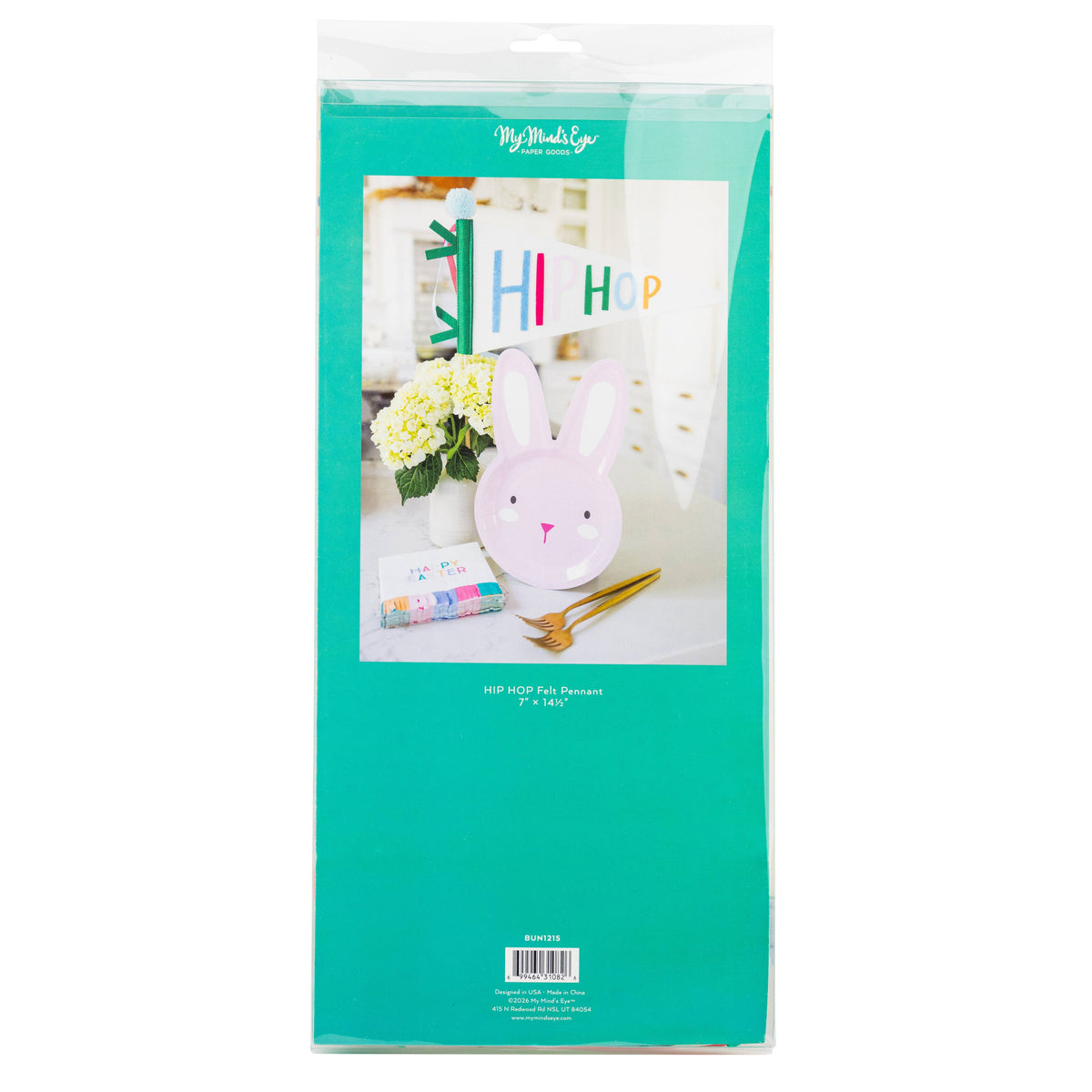 Back of packaged Hip Hop felt pennant with product information