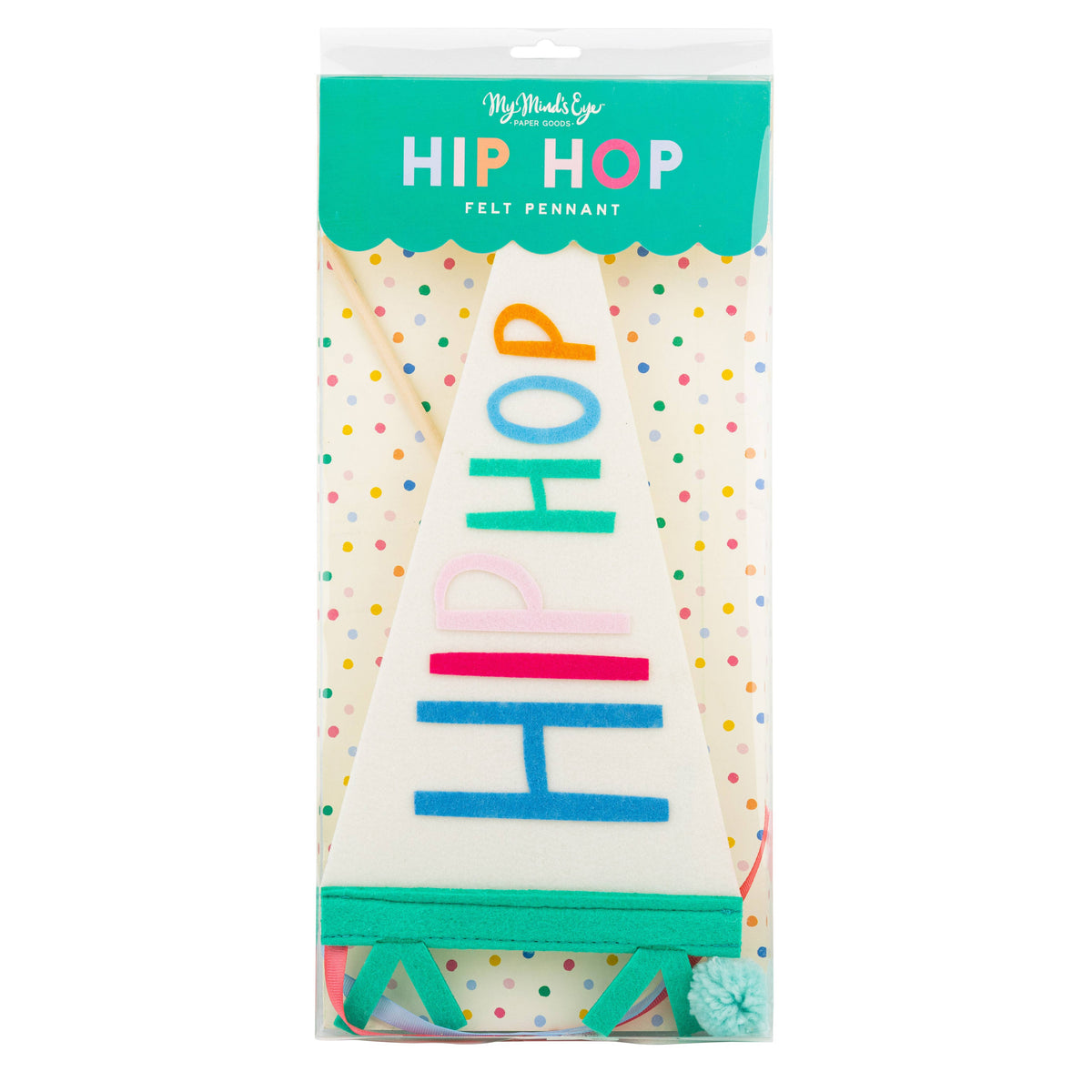 Packaged Hip Hop felt pennant showing colorful lettering and felt details
