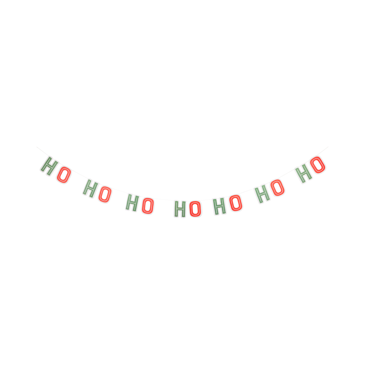 Red and green HO HO HO lettered paper banner hung