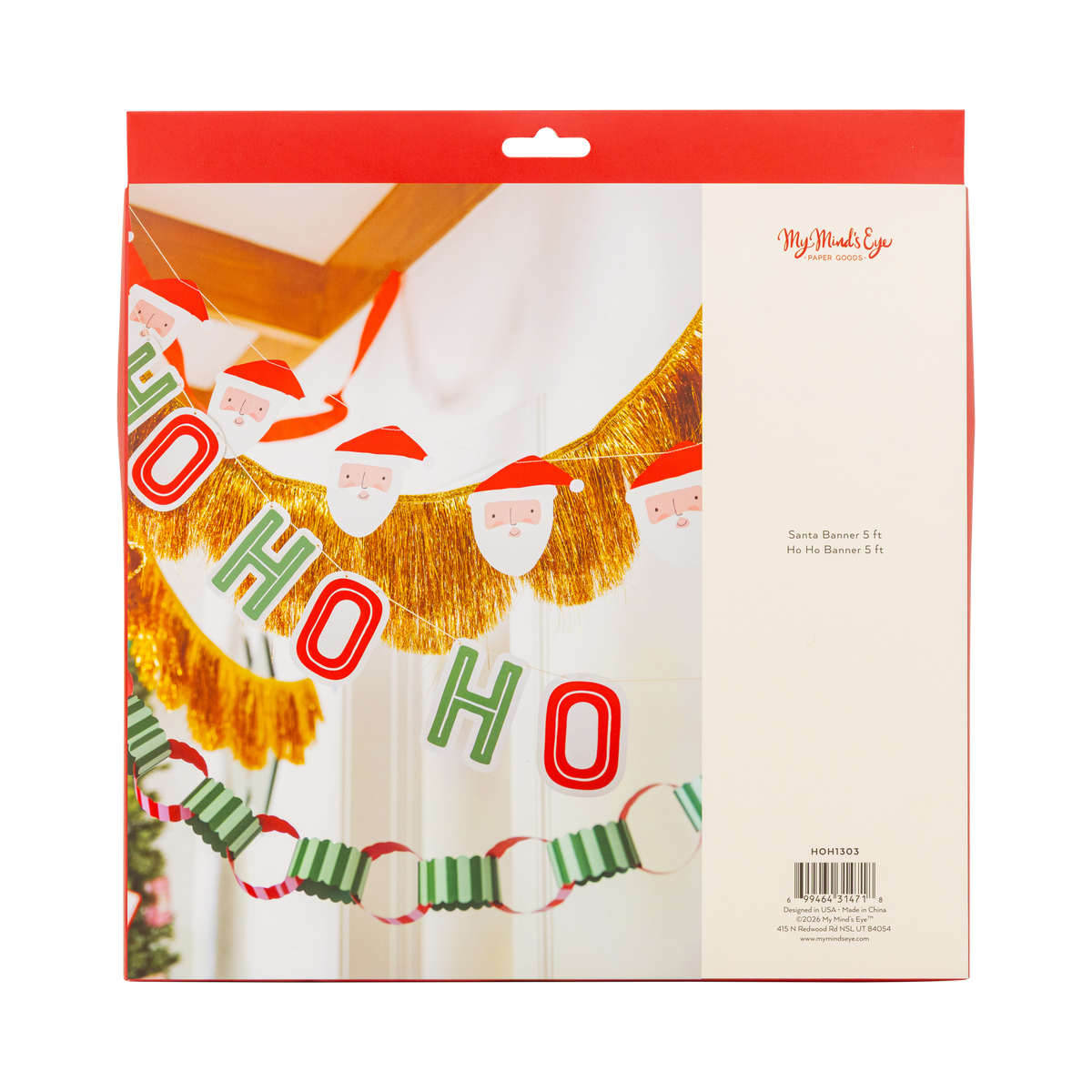 Back of the Ho Ho Ho Santa banner set packaging showing product details and barcode