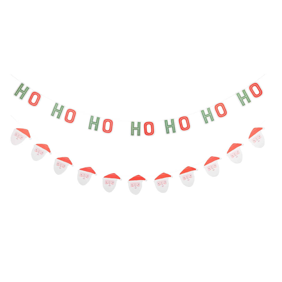 Ho Ho Ho lettered banner and Santa face garland shown laid flat