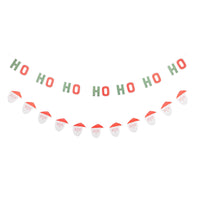 Ho Ho Ho lettered banner and Santa face garland shown laid flat