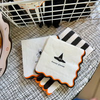 Hocus pocus witch hat and stay creepy spider cocktail napkins with scalloped orange and black edges and an embossed border